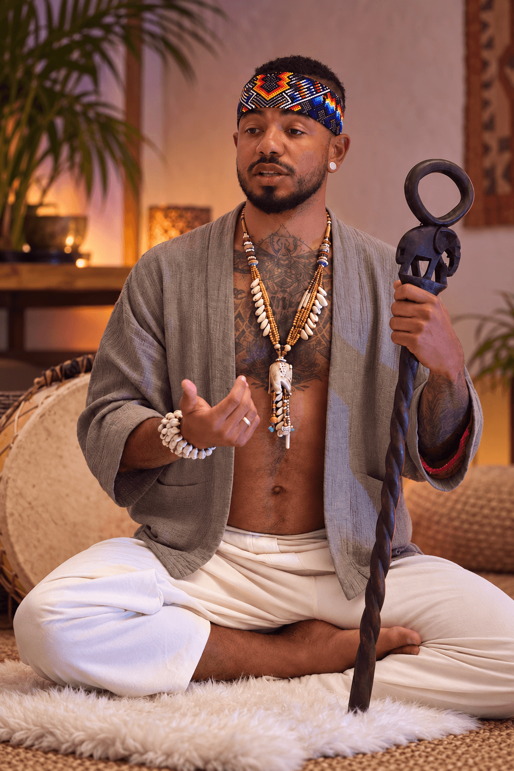 Facilitator seated cross-legged in ceremonial dress, holding a carved wooden staff