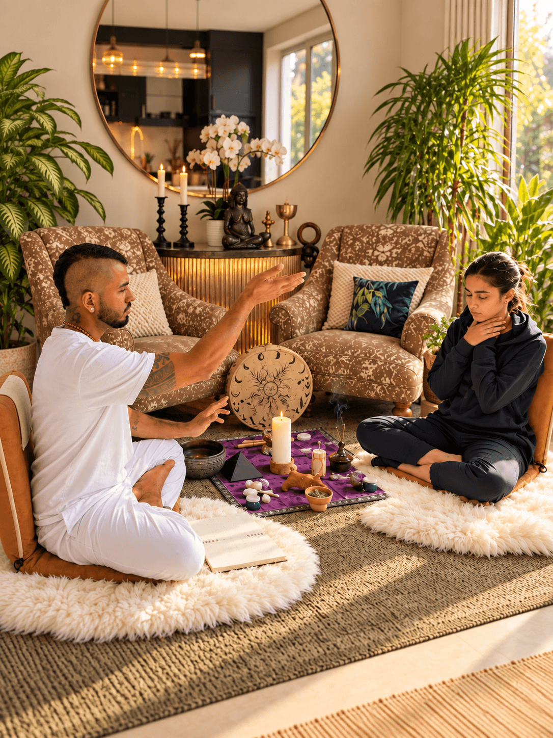 Facilitator guiding a one-on-one session with a participant on cushions