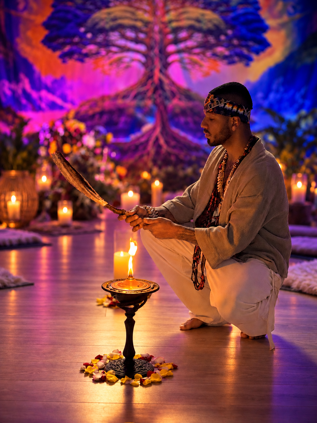Facilitator kneeling before a lit altar with a smudge fan, tree-of-life backdrop