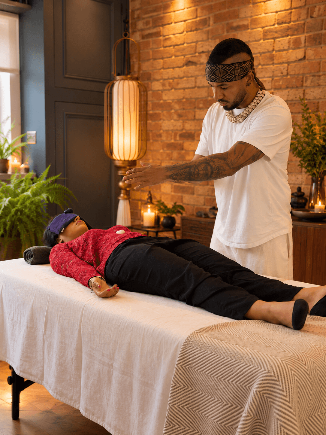 Facilitator performing an energy-work pass over a participant lying on a table
