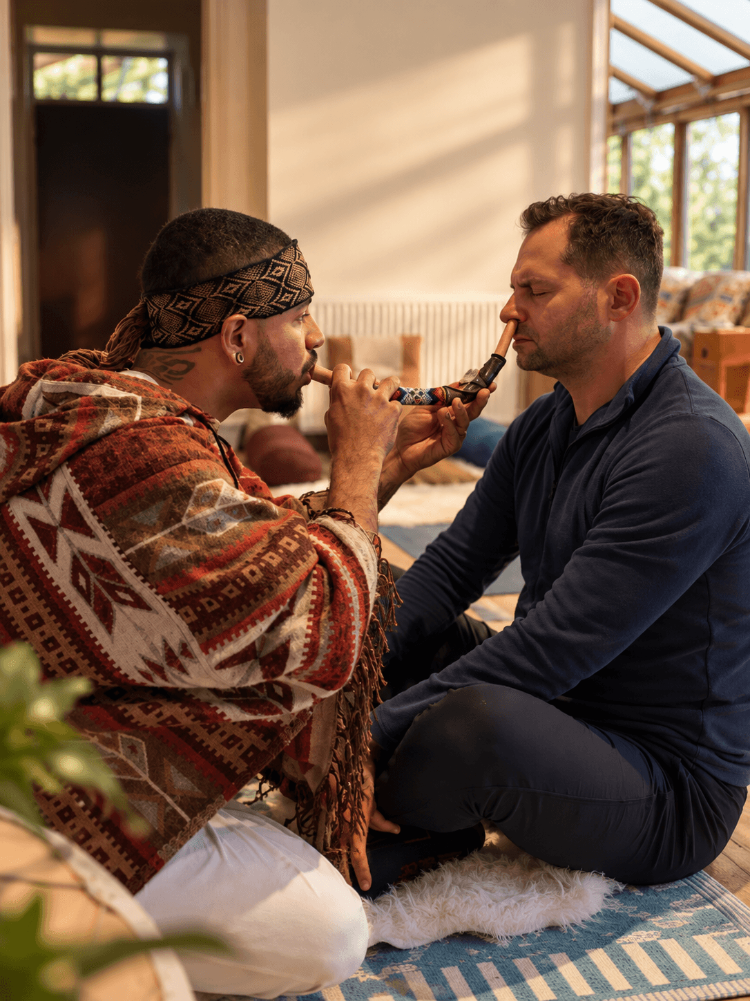 Two participants sharing a ceremonial breathwork instrument